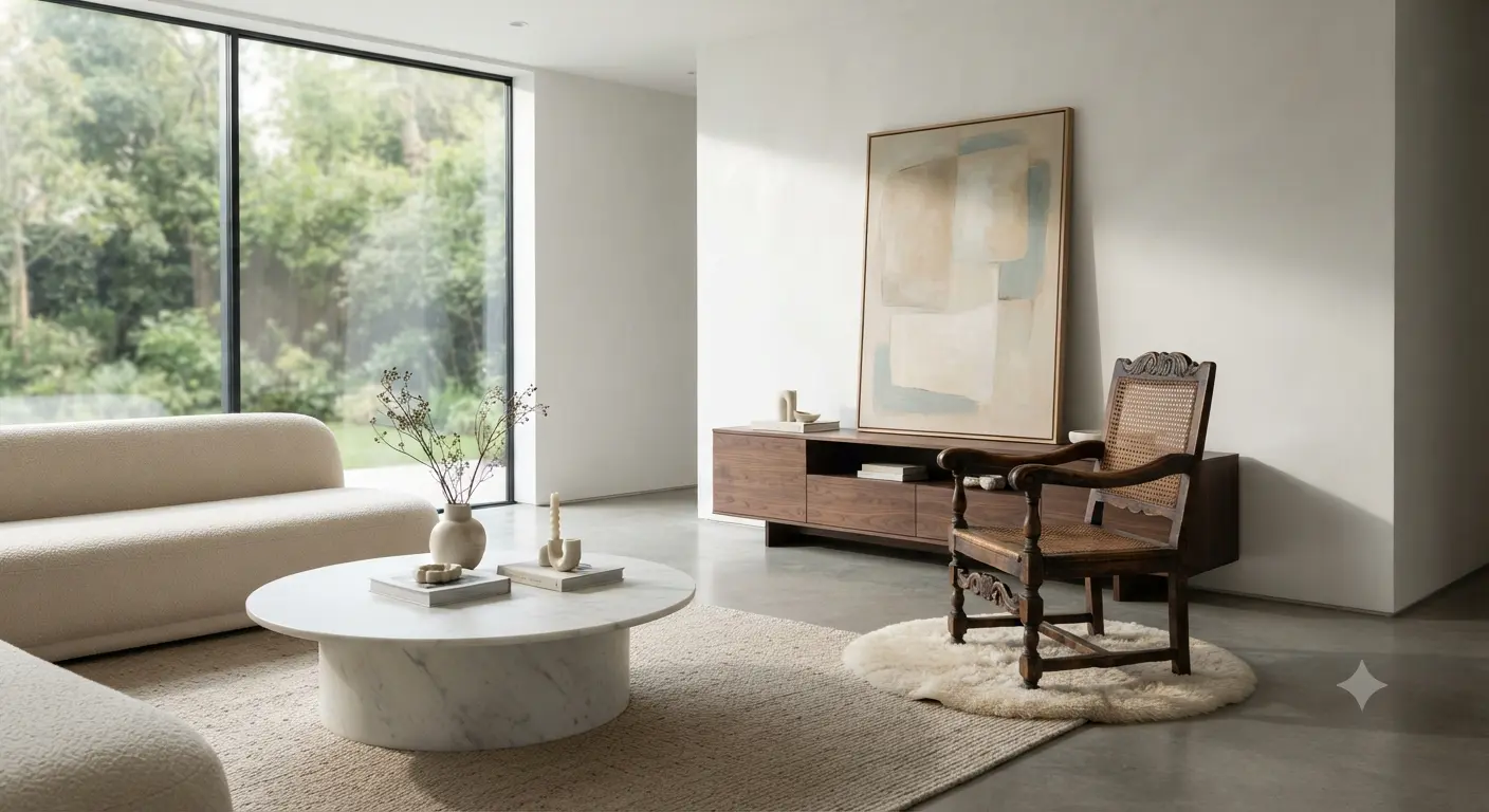 Salón moderno con una única silla antigua de madera restaurada como acento aislado