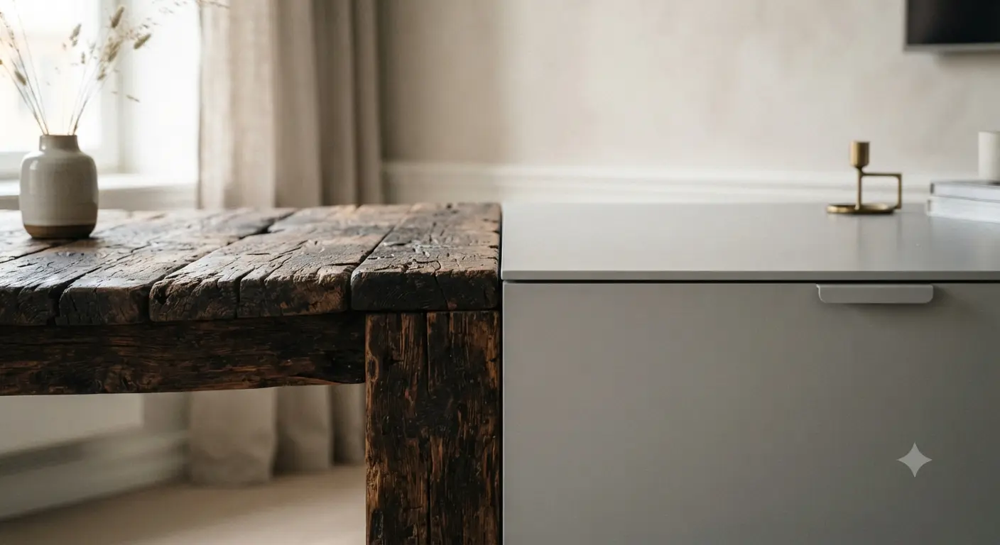 Detalle del contraste entre una superficie de madera antigua envejecida y un mueble moderno liso en tono gris
