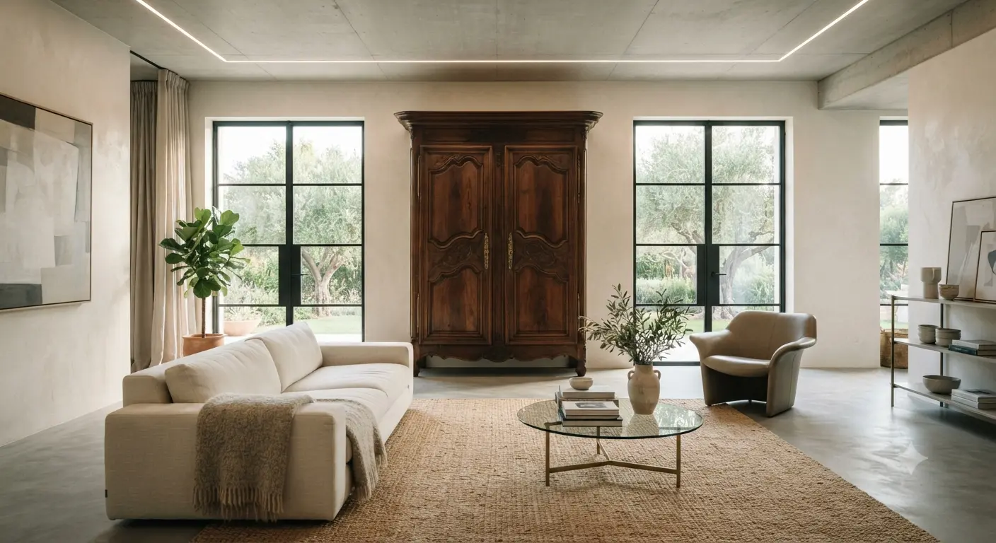 Habitación moderna amplia con un armario antiguo restaurado de gran tamaño bien proporcionado al espacio