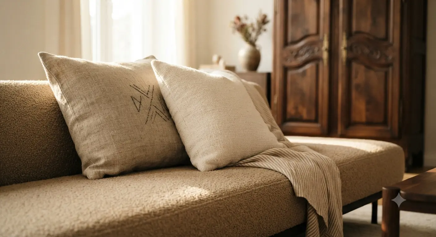 Detalle de cojines de lino y algodón grueso sobre un sofá moderno con un mueble antiguo restaurado al fondo