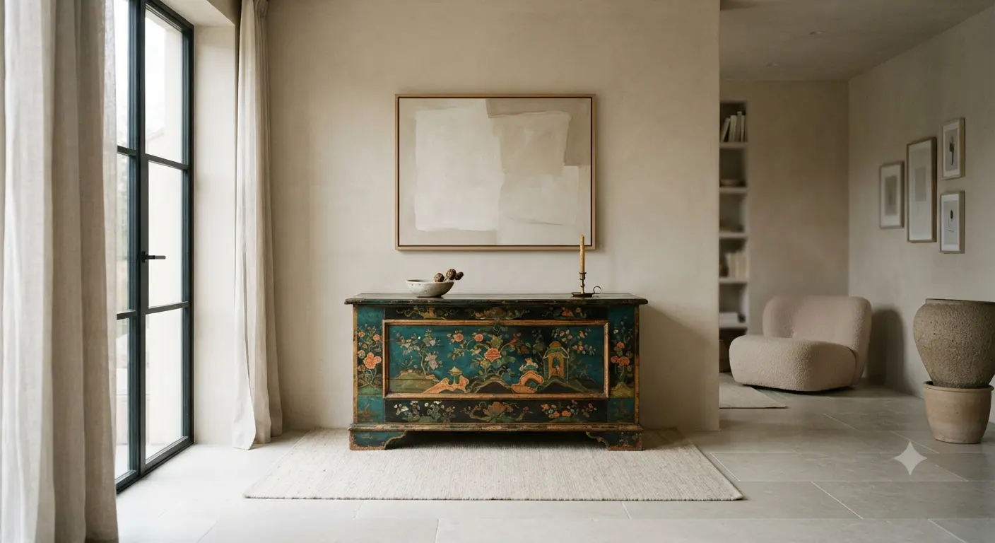 Habitación con paredes y suelo en tonos neutros protagonizada por un mueble antiguo restaurado