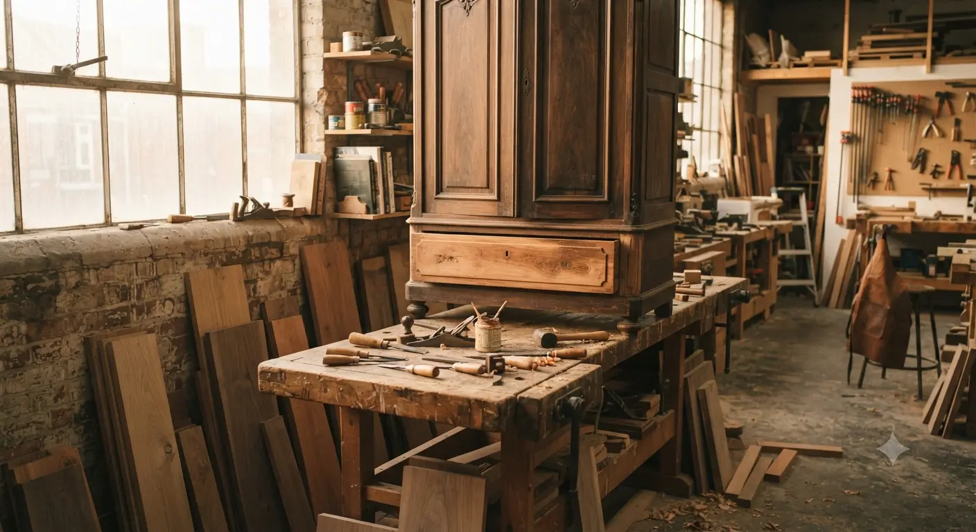Taller de restauración con un mueble antiguo a medio restaurar y herramientas de carpintero